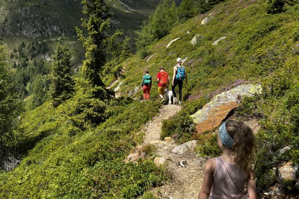 Wanderer auf einem Wanderweg in den Alpen in Südtirol